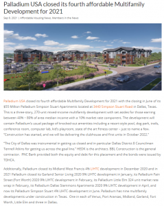 Palladium USA closed its fourth affordable Multifamily Development for 2021